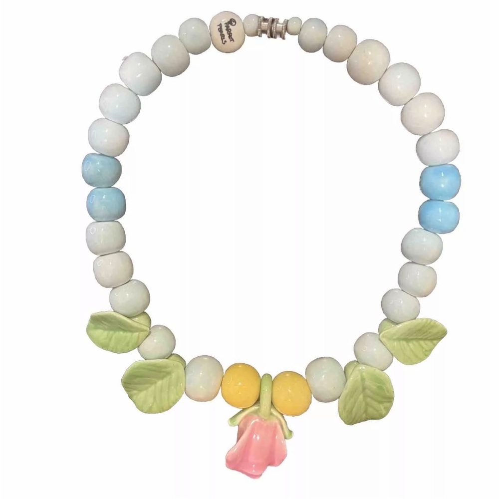 Parrot Pearls Ceramic Vintage Rose Flower Leaf Necklace EUC